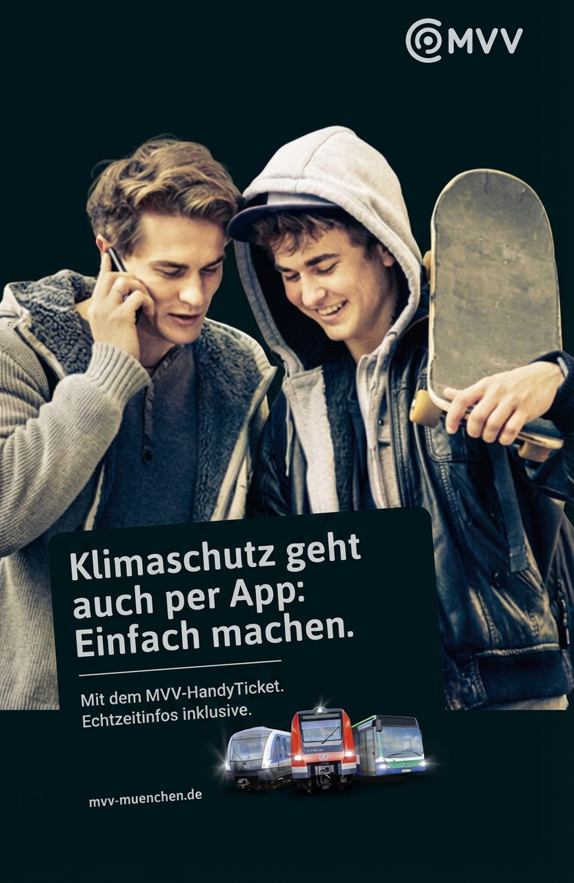 Zwei Jugendliche, einer telefoniert, einer mit Skateboard vor MVV-Werbeplakat für HandyTicket.